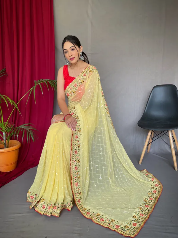 Lemon_Yellow_Bollywood_Style_Partywear_Sequins_Saree_With_Blouse_Piece_Attached